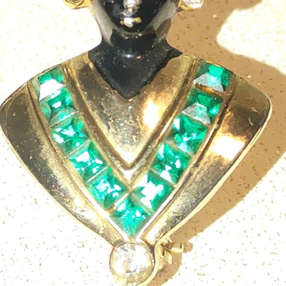 Jolle Rhinestone Genie Brooch 1940s Small Vintage Black Enamel Green Red Stones - Picture 5 of 12